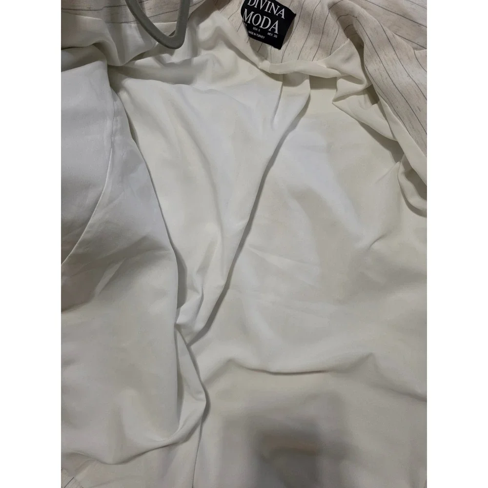 Divina Moda Womens Pinstripe Pant Suit Set Cream Blue Blazer Trousers Small